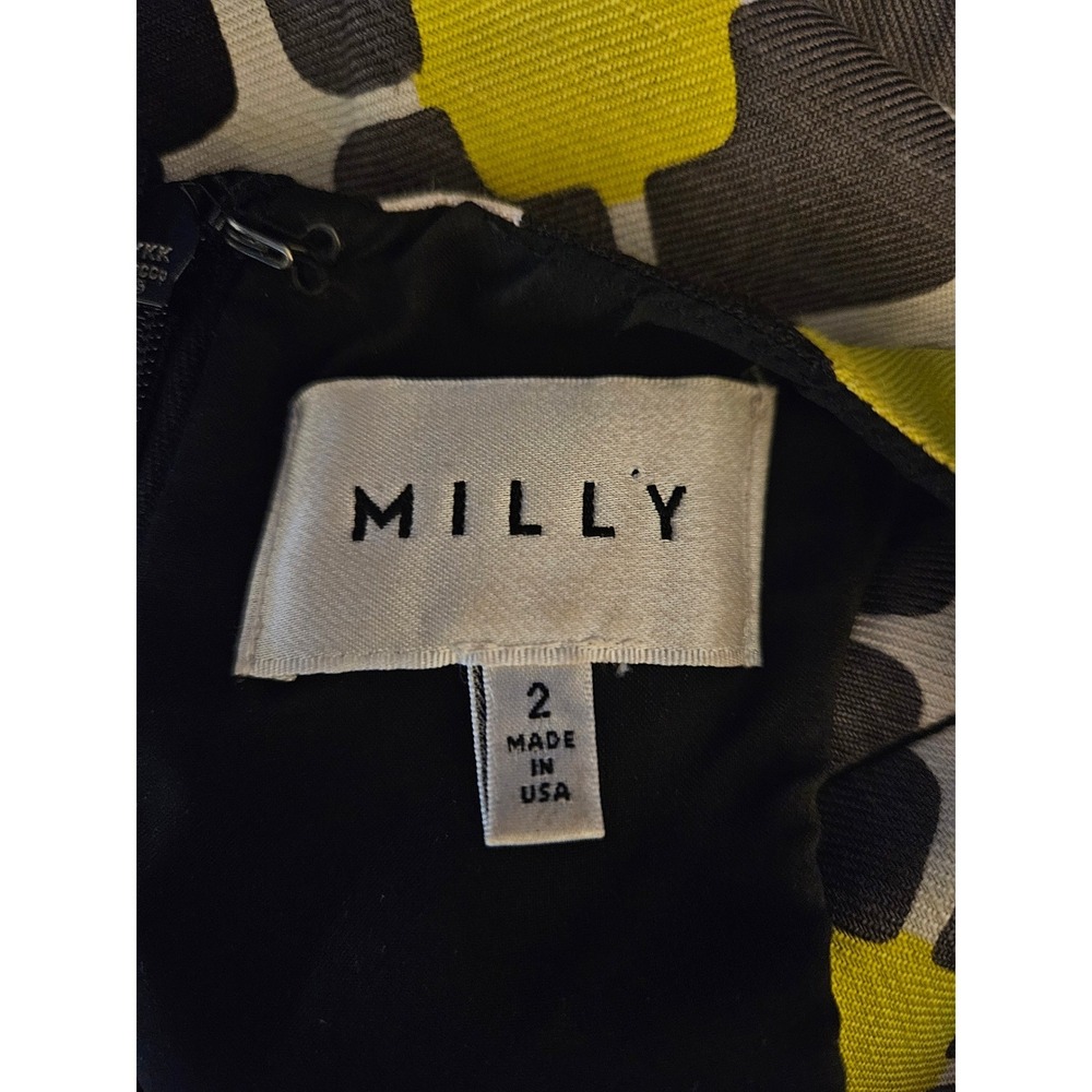 Milly Shift Mini Dress Womens Size 2 Yellow Black Geometric Silk Linen Retro 60s - Picture 6 of 8